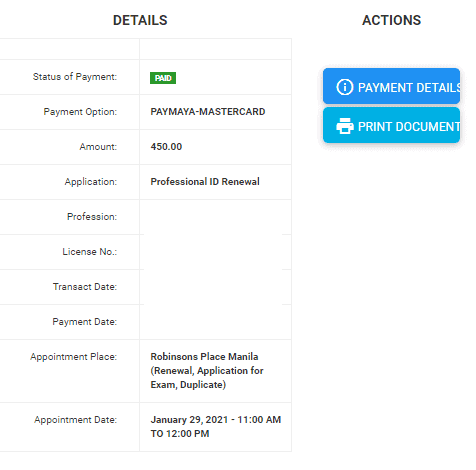 Confirmation to renew PRC license online